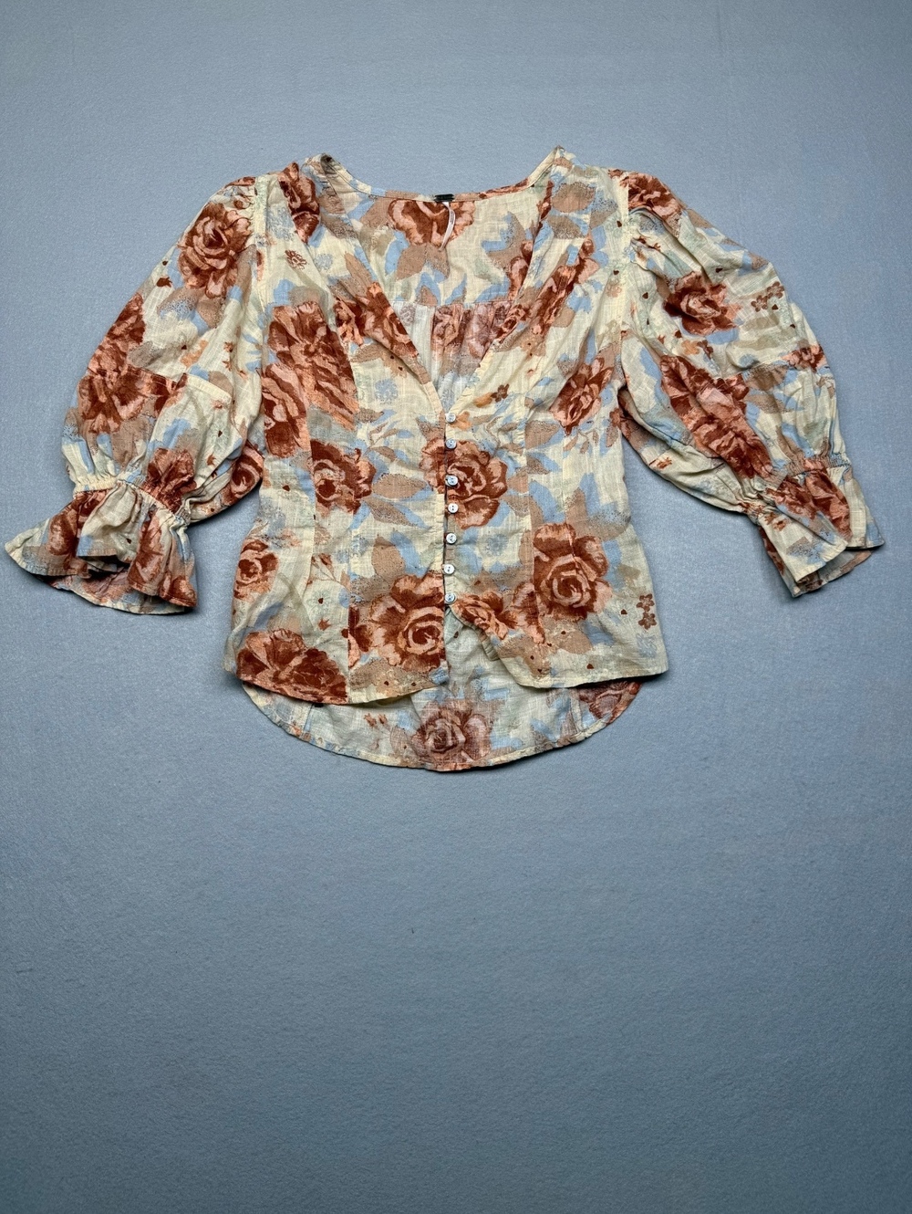 Free People Floral Button-Up Blouse Women's Small Linen